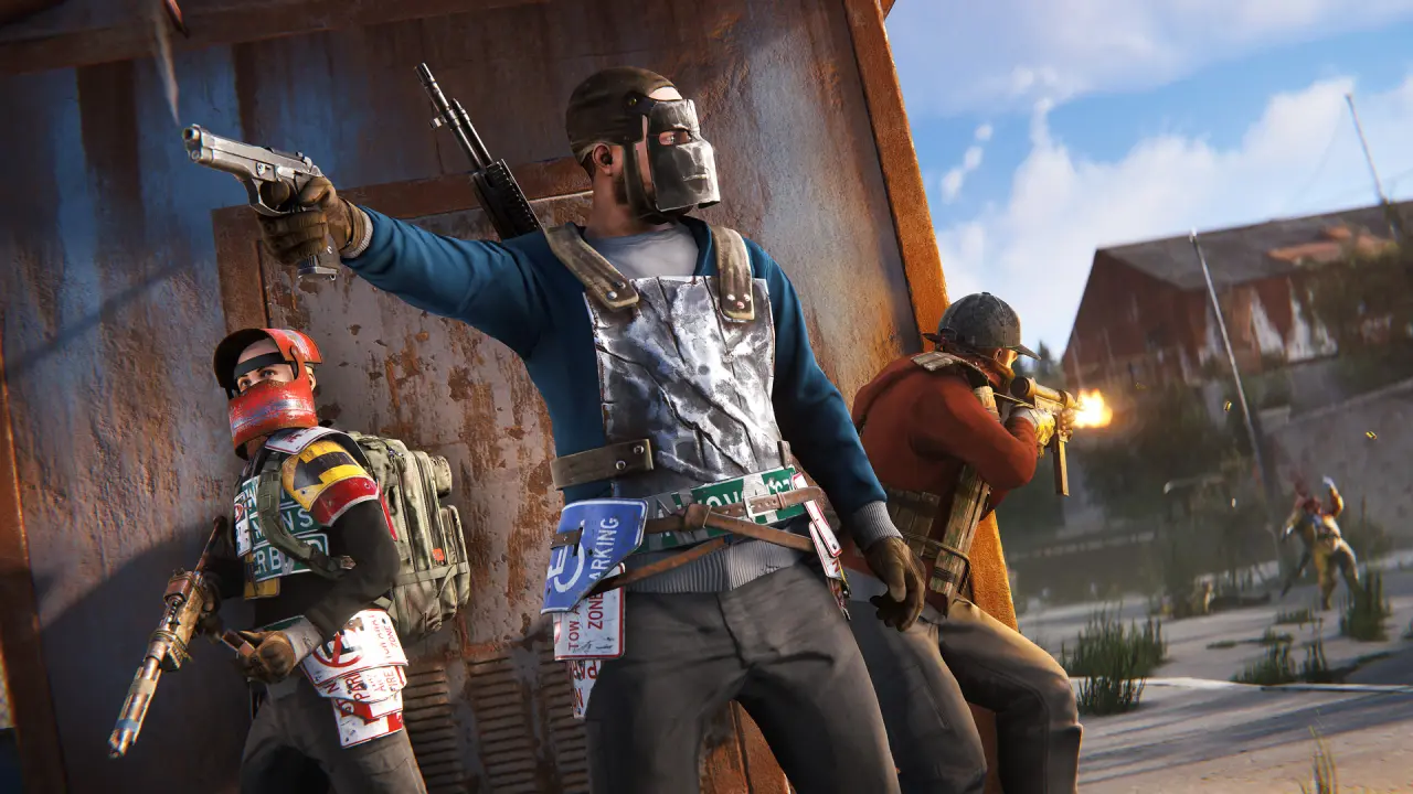 Rust players with masks and rifles taking cover behind a metal wall