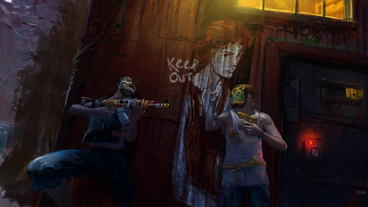 Two masked Rust raiders with rifles in front of a painted wall at night